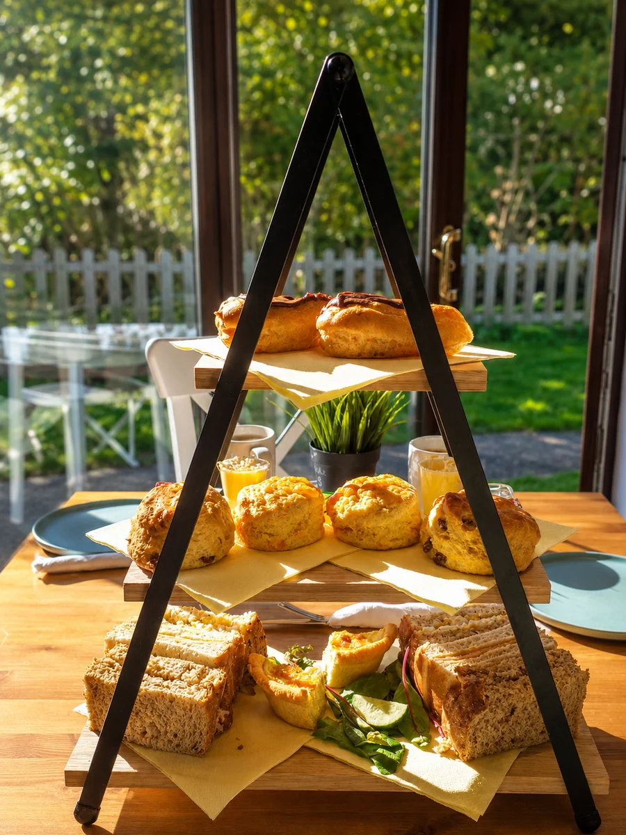 A tiered afternoon tea stand filled with sandwiches, savoury bakes and scones at Oakerside Tea Rooms