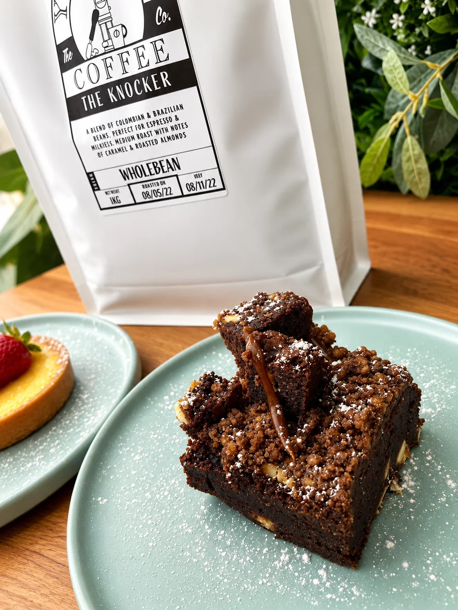 Chocolate brownies dusted with icing sugar beside a bag of whole-bean coffee