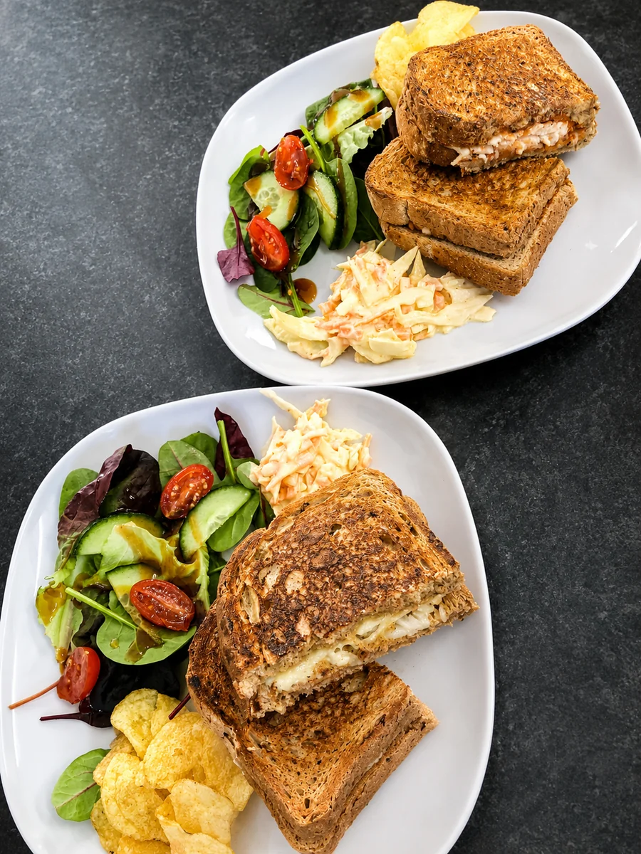 Two toasted sandwiches served with salad, crisps and coleslaw