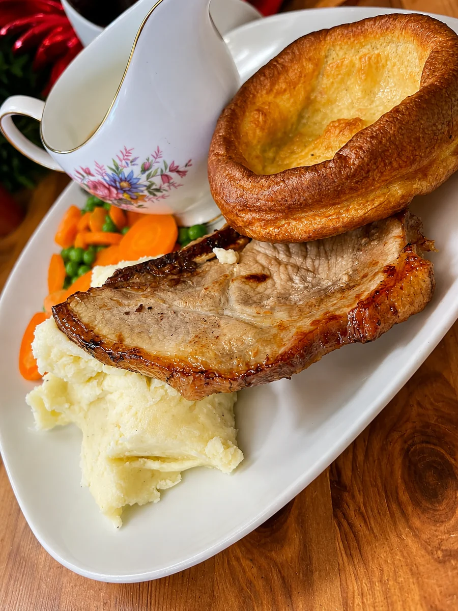 A roast dinner with Yorkshire pudding, mashed potato, vegetables and gravy at Oakerside Tea Rooms